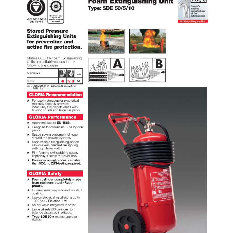 German-Engineered Gloria 50L AFFF Foam Trolley Extinguisher – EN1866, BSI & MED Certified for Heavy-Duty Industrial & Marine Fire Protection