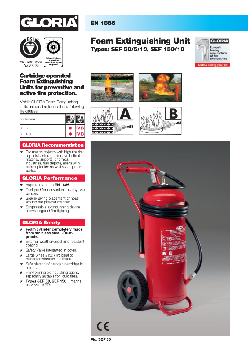GLORIA SEF50/5: German-engineered 50-liter trolley AFFF foam extinguisher with CO2 cartridge, powerful and precise for large Class A & B fires.