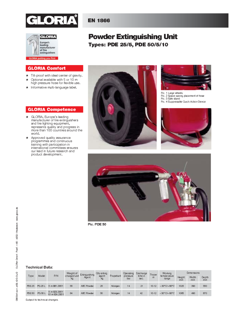 German-Engineered Gloria PDE50/5 – EN1866-Certified 50kg ABC Trolley Fire Extinguisher for Industrial-Grade Mobile Fire Protection - Image 2