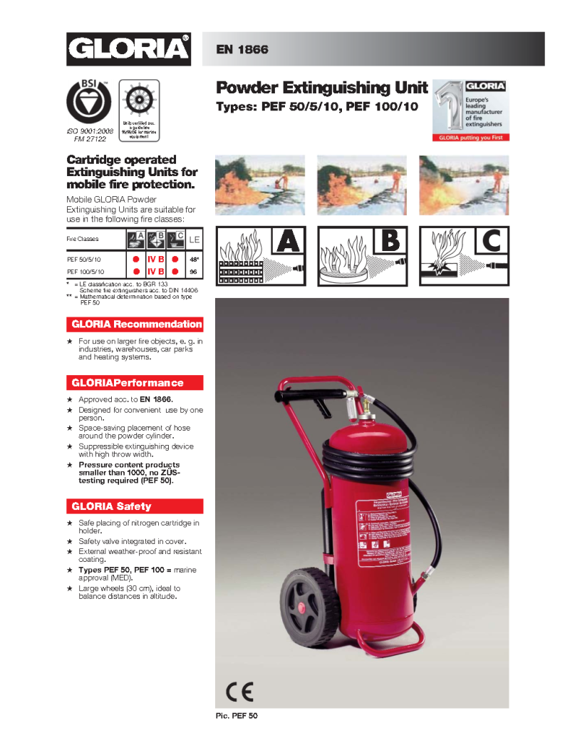 German-Engineered Gloria P50G/5 – EN1866/MED-Certified 50kg ABC Cartridge Operated Trolley Fire Extinguisher for Heavy-Duty Industrial Protection