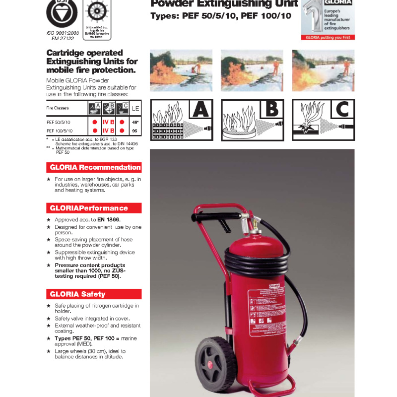 German-Engineered Gloria P50G/5 – EN1866/MED-Certified 50kg ABC Cartridge Operated Trolley Fire Extinguisher for Heavy-Duty Industrial Protection