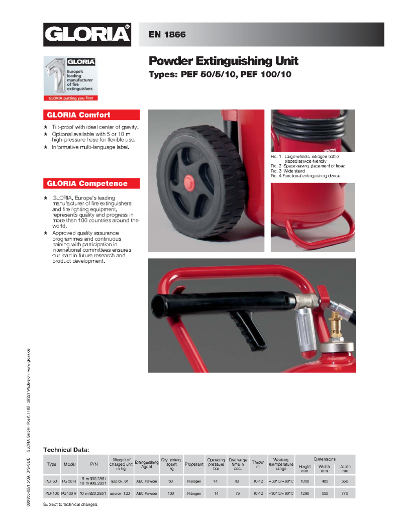 German-Engineered Gloria P50G/5 – EN1866/MED-Certified 50kg ABC Cartridge Operated Trolley Fire Extinguisher for Heavy-Duty Industrial Protection - Image 2