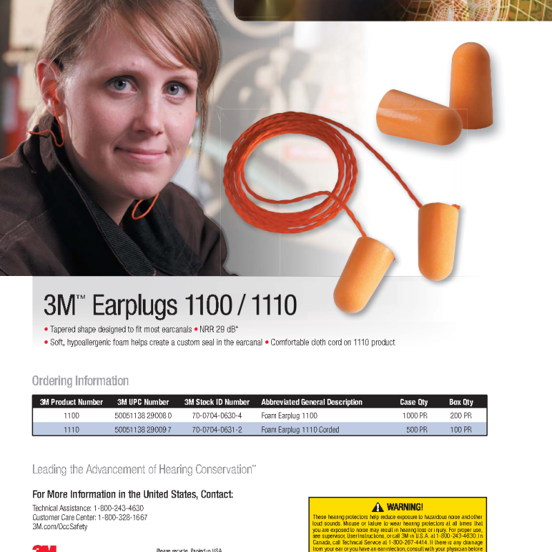 3M™ Foam Earplugs 1110, Corded; High-Performance Comfort: Soft, Tapered Foam Earplugs with Cord and Excellent Noise Reduction (NRR 29 dB).