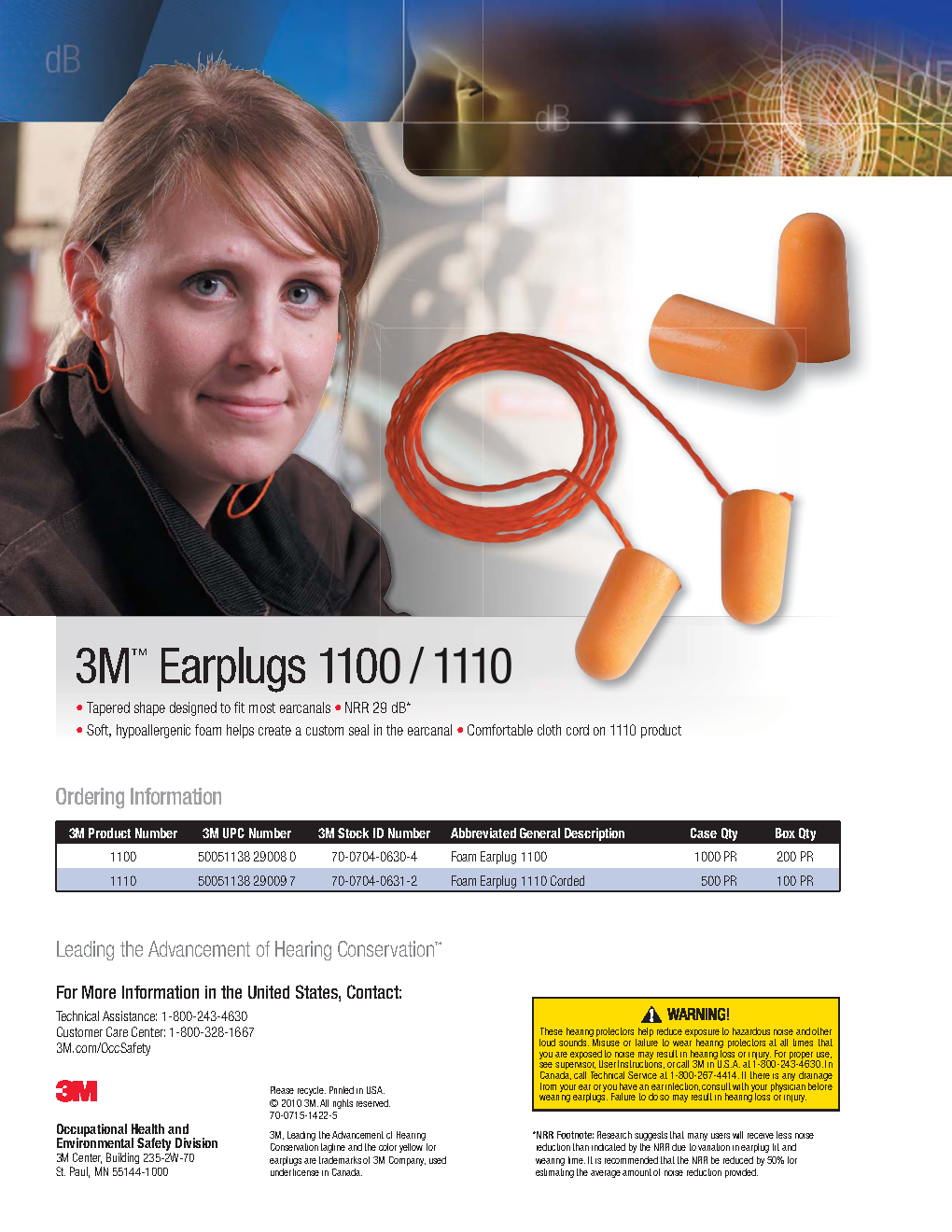 3M™ Foam Earplugs 1110, Corded; High-Performance Comfort: Soft, Tapered Foam Earplugs with Cord and Excellent Noise Reduction (NRR 29 dB).