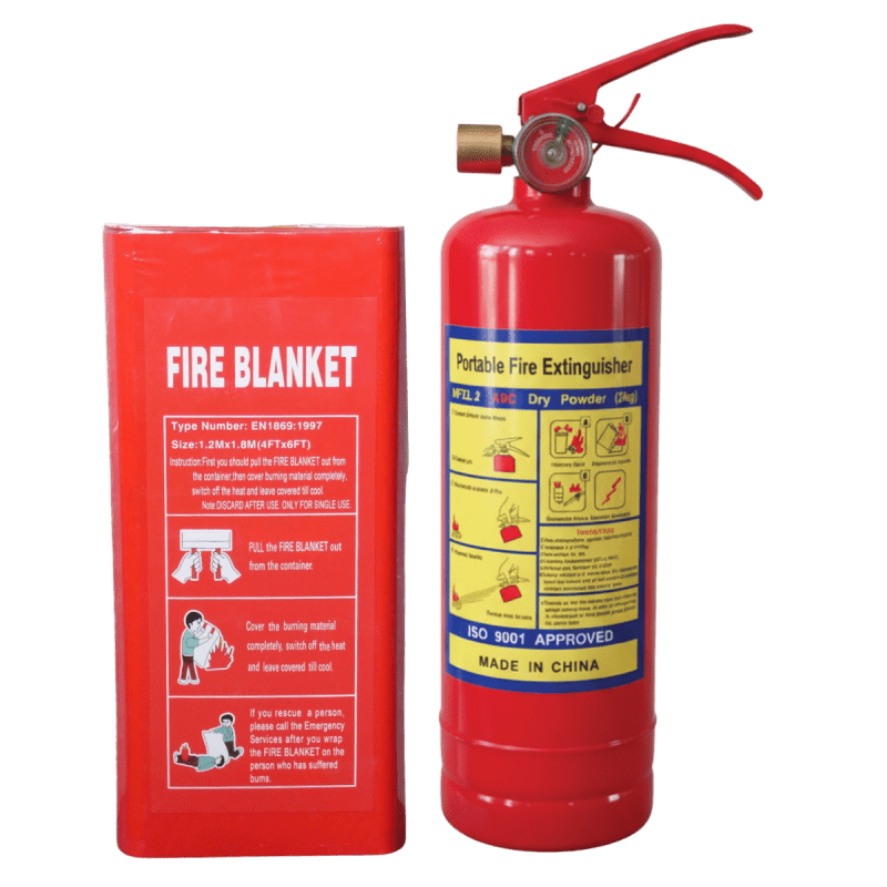 Fire safety kit with 2KG ABC extinguisher and 1.2 × 1.8m fire blanket