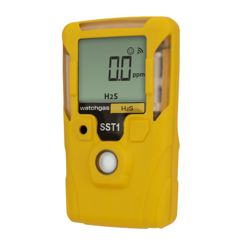 Serviceable single gas detector (H₂S, CO, O₂, SO₂, NH₃, H₂, PH₃, CH₄S) with replaceable battery/sensors, NFC connectivity, rugged IP68 housing, and 95 dB alarm.