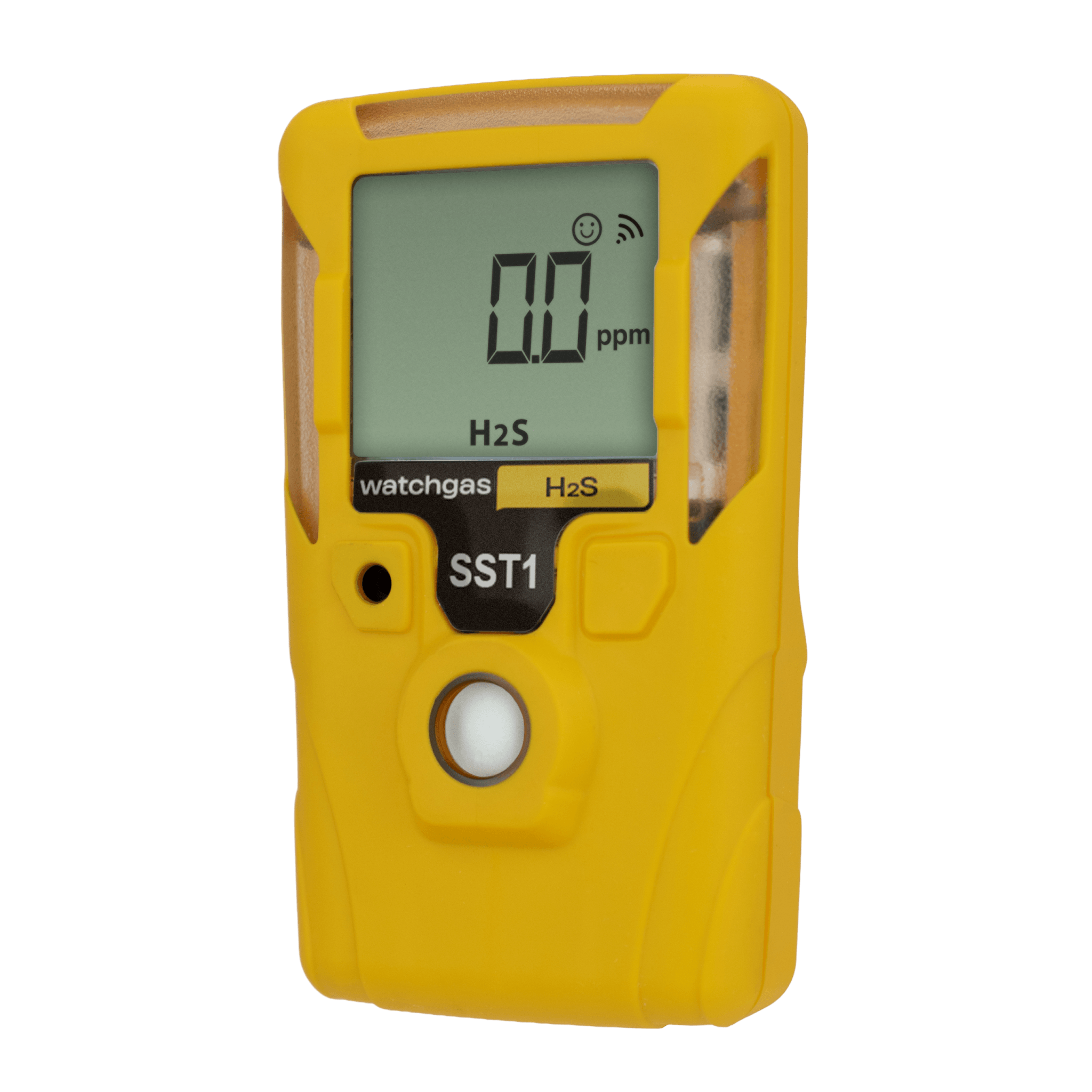 Serviceable single gas detector (H₂S, CO, O₂, SO₂, NH₃, H₂, PH₃, CH₄S) with replaceable battery/sensors, NFC connectivity, rugged IP68 housing, and 95 dB alarm.